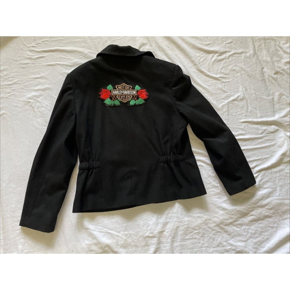 Harley-Davidson Womens Wool Black Jacket With Red Rose Embroidery Zip Closure Ur